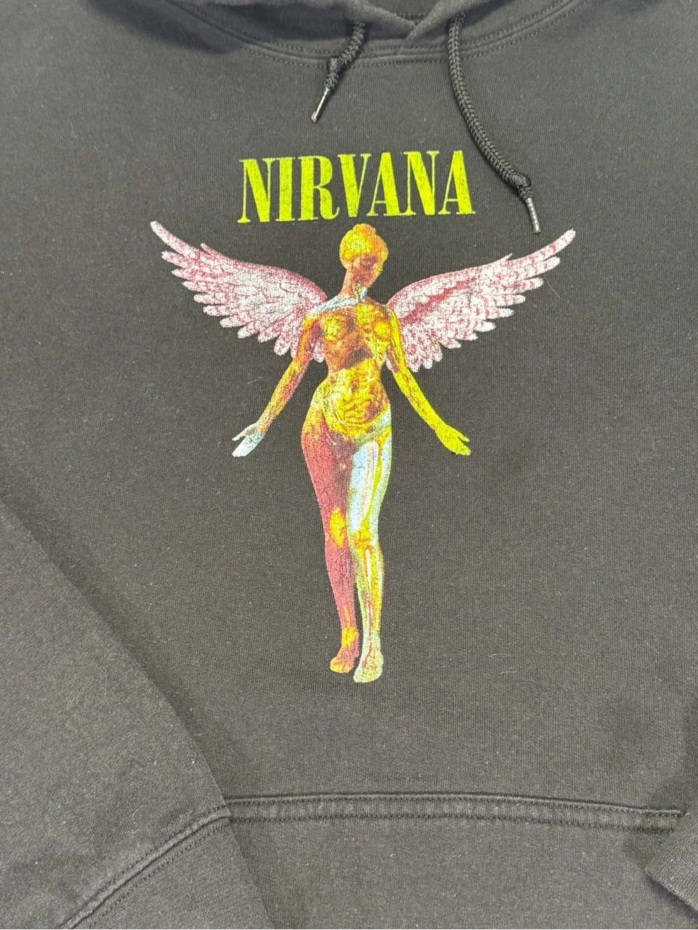 NIRVANA Black Crewneck Hoodie with Yellow-Green Logo and Multicolor Angel
